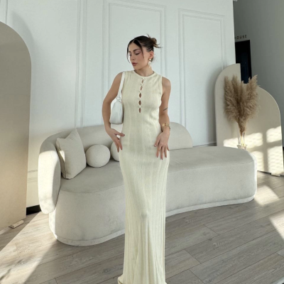 Kalın Fitilli Uzun Triko Elbise - Kırık Beyaz -