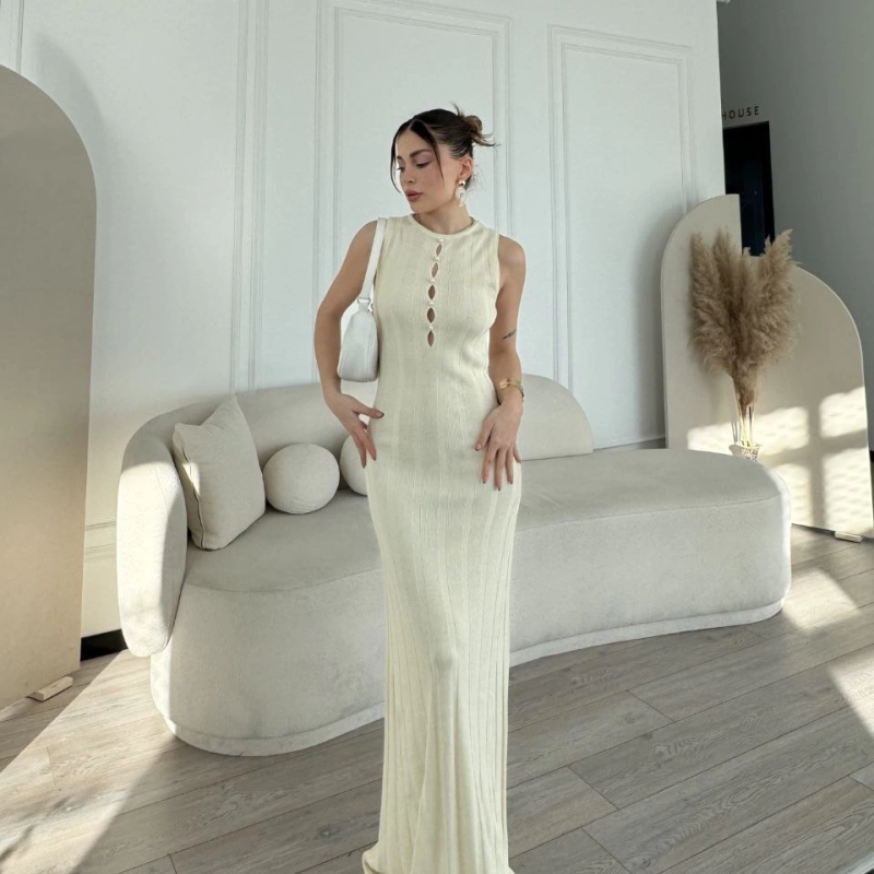 Kalın Fitilli Uzun Triko Elbise - Kırık Beyaz -