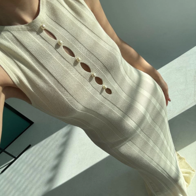 Kalın Fitilli Uzun Triko Elbise - Kırık Beyaz -