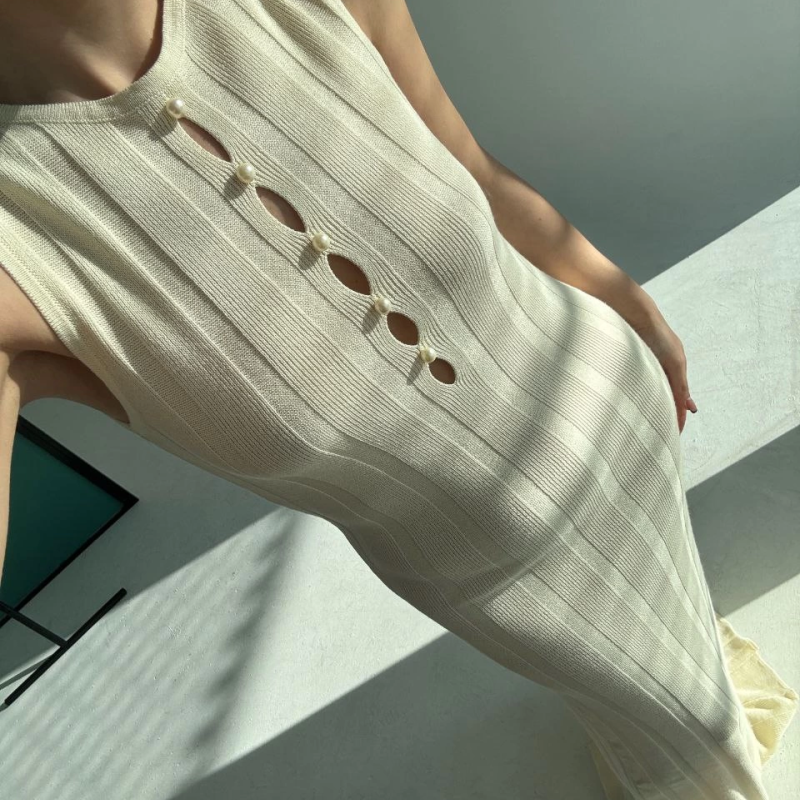 Kalın Fitilli Uzun Triko Elbise - Kırık Beyaz -