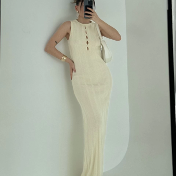 Kalın Fitilli Uzun Triko Elbise - Kırık Beyaz -