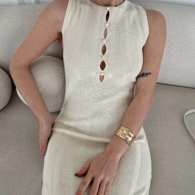 Kalın Fitilli Uzun Triko Elbise - Kırık Beyaz -