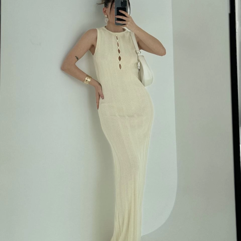 Kalın Fitilli Uzun Triko Elbise - Kırık Beyaz -