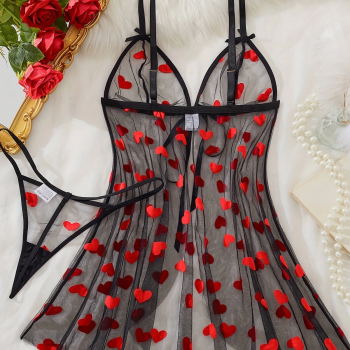 Kalp Desenli Siyah Transparan Gecelik TM1378 Siyah