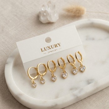 Kalp Zirkon Taşlı Gold Renk Pirinç Set Küpe