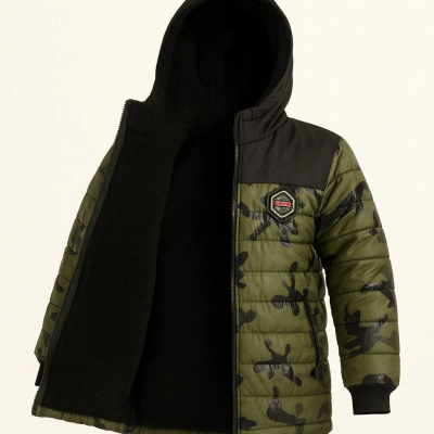 Kamuflaj Desenli Mont İçi Sıcak Tutan Pelüş Astarlı, Kapüşonlu, Fermuarlı Kışlık Su İtici Şişme Mont - Haki