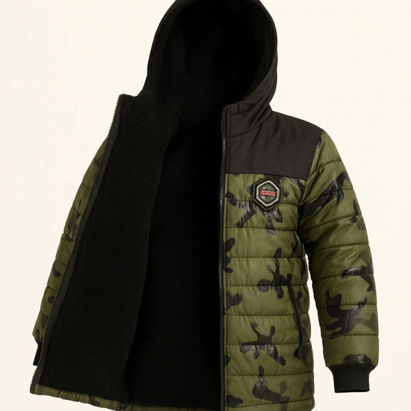 Kamuflaj Desenli Mont İçi Sıcak Tutan Pelüş Astarlı, Kapüşonlu, Fermuarlı Kışlık Su İtici Şişme Mont - Haki