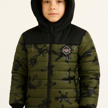 Kamuflaj Desenli Mont İçi Sıcak Tutan Pelüş Astarlı, Kapüşonlu, Fermuarlı Kışlık Su İtici Şişme Mont - Haki