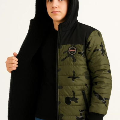 Kamuflaj Desenli Mont İçi Sıcak Tutan Pelüş Astarlı, Kapüşonlu, Fermuarlı Kışlık Su İtici Şişme Mont - Haki