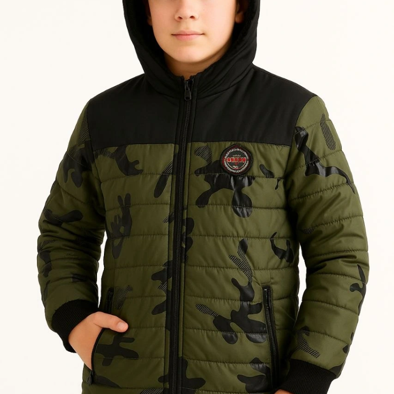 Kamuflaj Desenli Mont İçi Sıcak Tutan Pelüş Astarlı, Kapüşonlu, Fermuarlı Kışlık Su İtici Şişme Mont - Haki