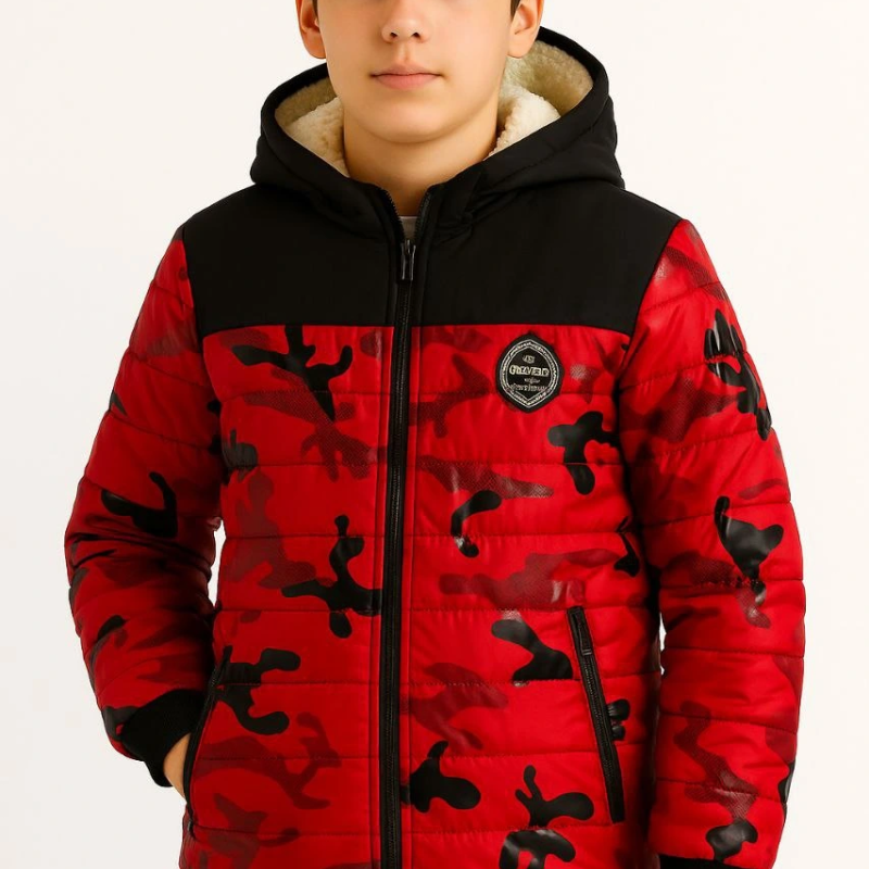 Kamuflaj Desenli Mont İçi Sıcak Tutan Pelüş Astarlı, Kapüşonlu, Fermuarlı Kışlık Su İtici Şişme Mont - Kırmızı