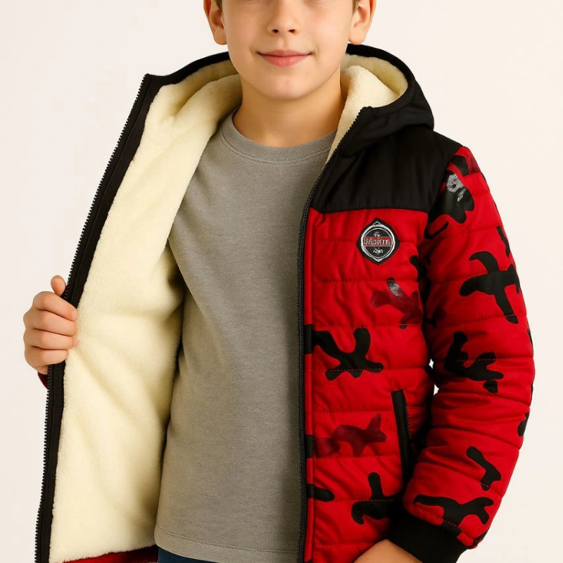 Kamuflaj Desenli Mont İçi Sıcak Tutan Pelüş Astarlı, Kapüşonlu, Fermuarlı Kışlık Su İtici Şişme Mont - Kırmızı