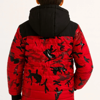 Kamuflaj Desenli Mont İçi Sıcak Tutan Pelüş Astarlı, Kapüşonlu, Fermuarlı Kışlık Su İtici Şişme Mont - Kırmızı