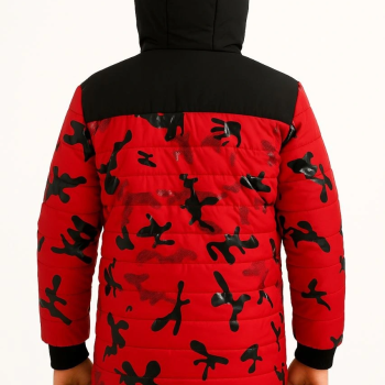 Kamuflaj Desenli Mont İçi Sıcak Tutan Pelüş Astarlı, Kapüşonlu, Fermuarlı Kışlık Su İtici Şişme Mont - Kırmızı