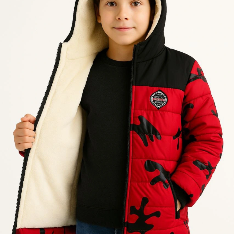 Kamuflaj Desenli Mont İçi Sıcak Tutan Pelüş Astarlı, Kapüşonlu, Fermuarlı Kışlık Su İtici Şişme Mont - Kırmızı