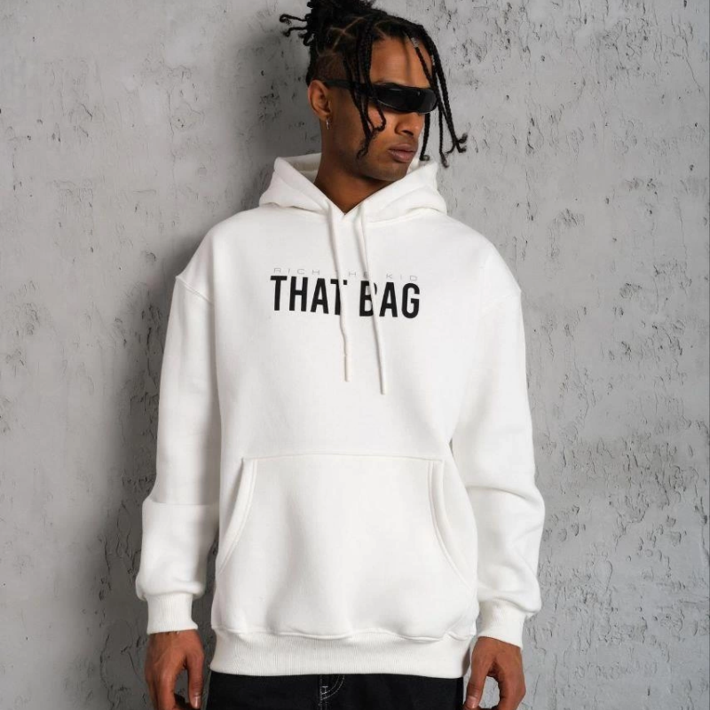 Kanguru Cep Baskılı Kapüşonlu Sweatshirt - Beyaz -