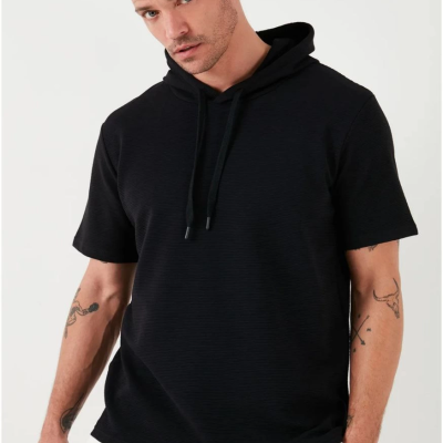 Kapşonlu Kısa Kol Düz Oversize T-shirt - Siyah -