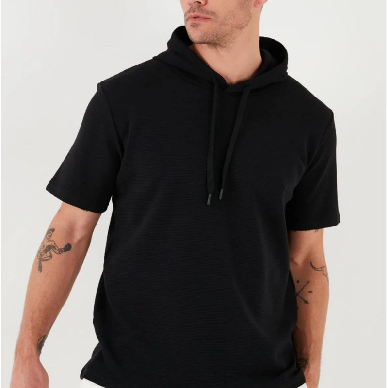 Kapşonlu Kısa Kol Düz Oversize T-shirt - Siyah -