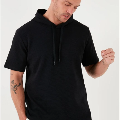 Kapşonlu Kısa Kol Düz Oversize T-shirt - Siyah -