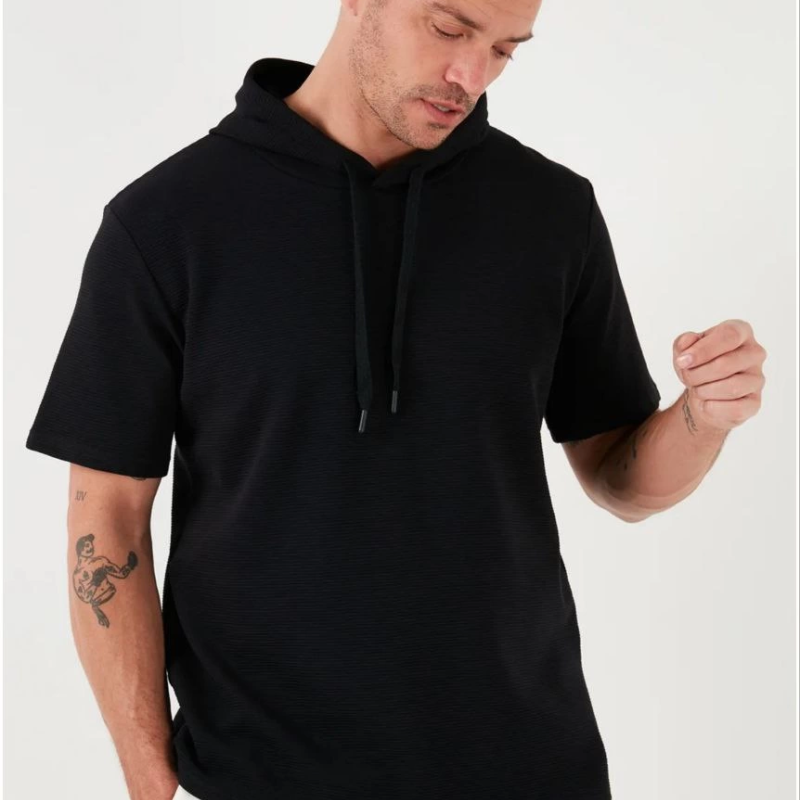 Kapşonlu Kısa Kol Düz Oversize T-shirt - Siyah -