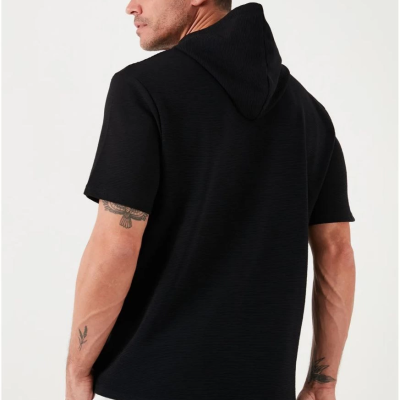 Kapşonlu Kısa Kol Düz Oversize T-shirt - Siyah -