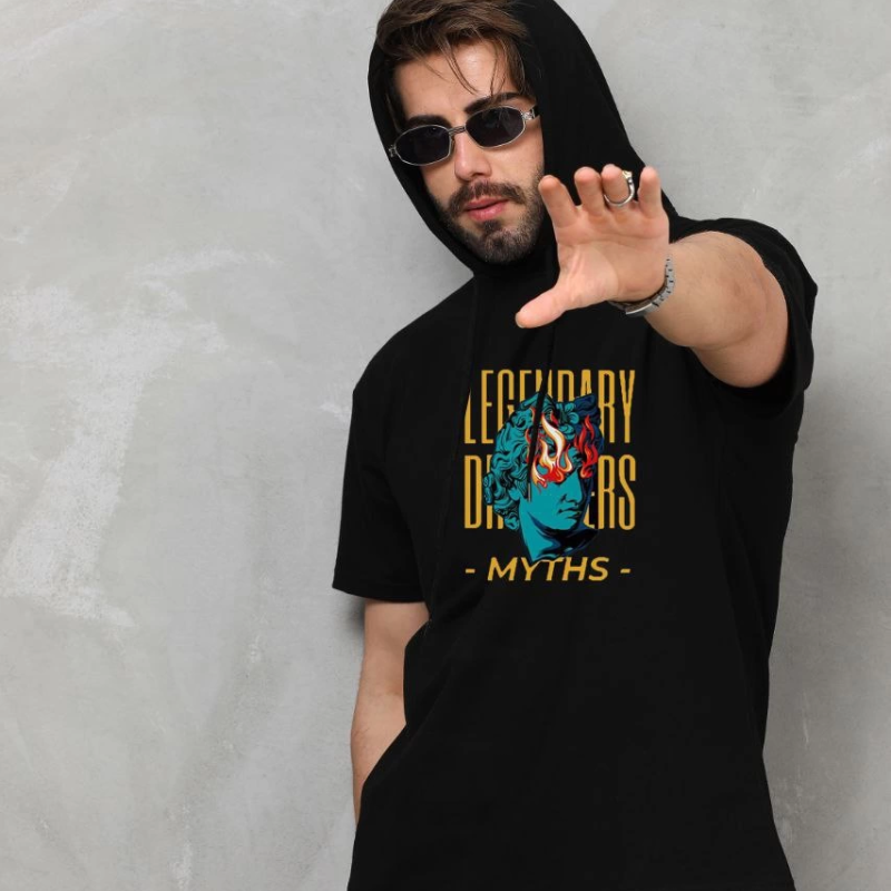 Kapşonlu Kolsuz Oversize Baskılı Tişört - Siyah -