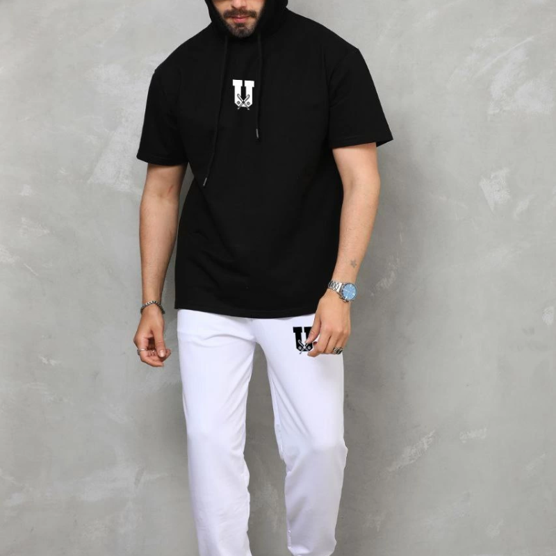 Kapşonlu Oversize T-Shirt Takım - Siyah