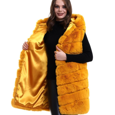 Kapşonlu Peluş Kürk Yelek Premium Kalite, Tam Astarlı, Uzun Model - Sarı
