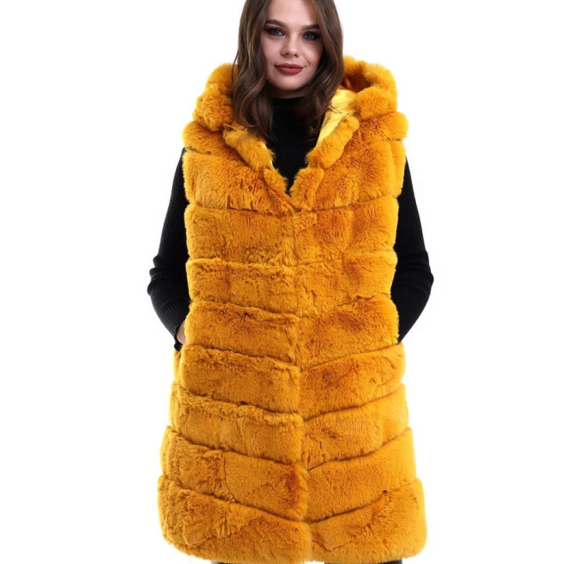 Kapşonlu Peluş Kürk Yelek Premium Kalite, Tam Astarlı, Uzun Model - Sarı