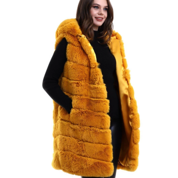 Kapşonlu Peluş Kürk Yelek Premium Kalite, Tam Astarlı, Uzun Model - Sarı
