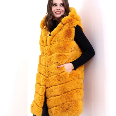 Kapşonlu Peluş Kürk Yelek Premium Kalite, Tam Astarlı, Uzun Model - Sarı
