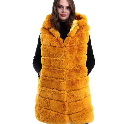 Kapşonlu Peluş Kürk Yelek Premium Kalite, Tam Astarlı, Uzun Model - Sarı