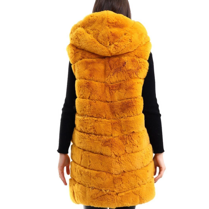 Kapşonlu Peluş Kürk Yelek Premium Kalite, Tam Astarlı, Uzun Model - Sarı