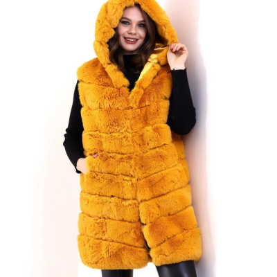 Kapşonlu Peluş Kürk Yelek Premium Kalite, Tam Astarlı, Uzun Model - Sarı