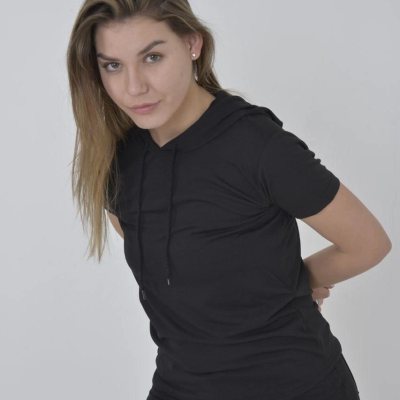 Kapşonlu Slim Fit T-shirt - Siyah -