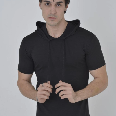 Kapşonlu Slim Fit T-shirt - Siyah -