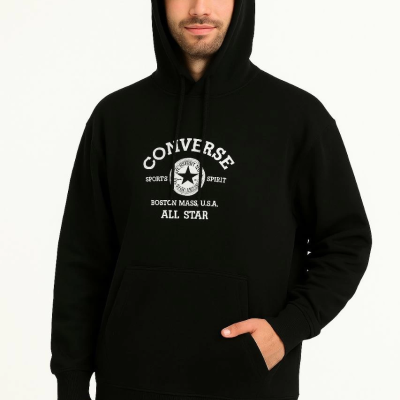 Kapşonlu Sweatshirt Ön  Arka Baskılı Siyah -