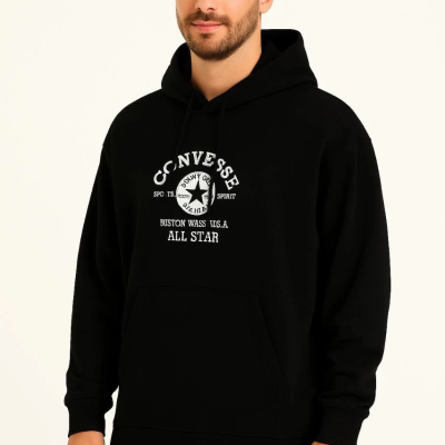 Kapşonlu Sweatshirt Ön  Arka Baskılı Siyah -