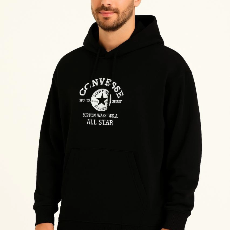 Kapşonlu Sweatshirt Ön  Arka Baskılı Siyah -