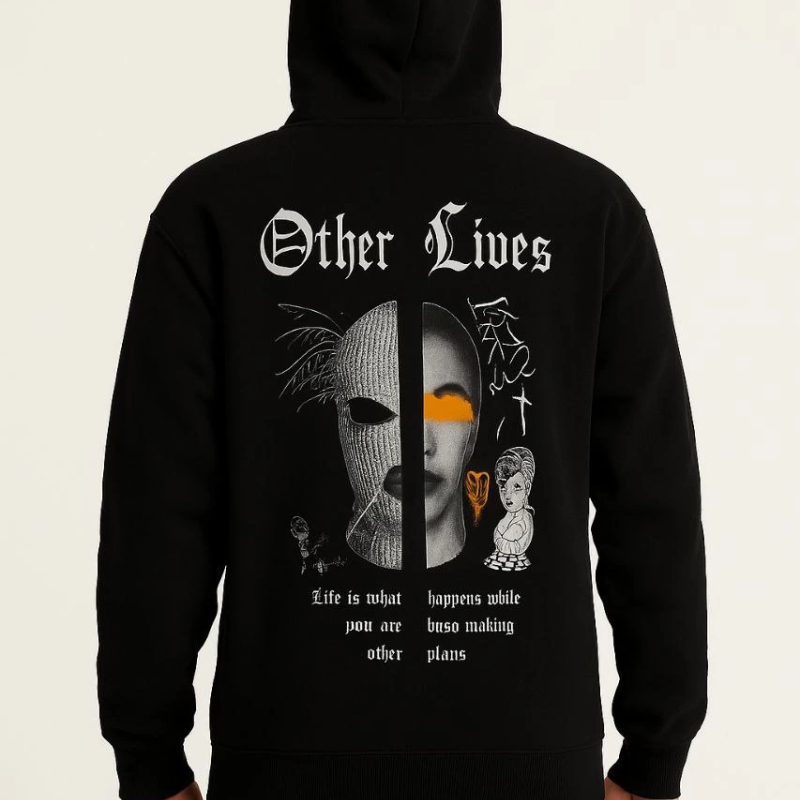 Kapşonlu Sweatshirt “Other Lives” Ön  Arka Baskılı - Siyah -