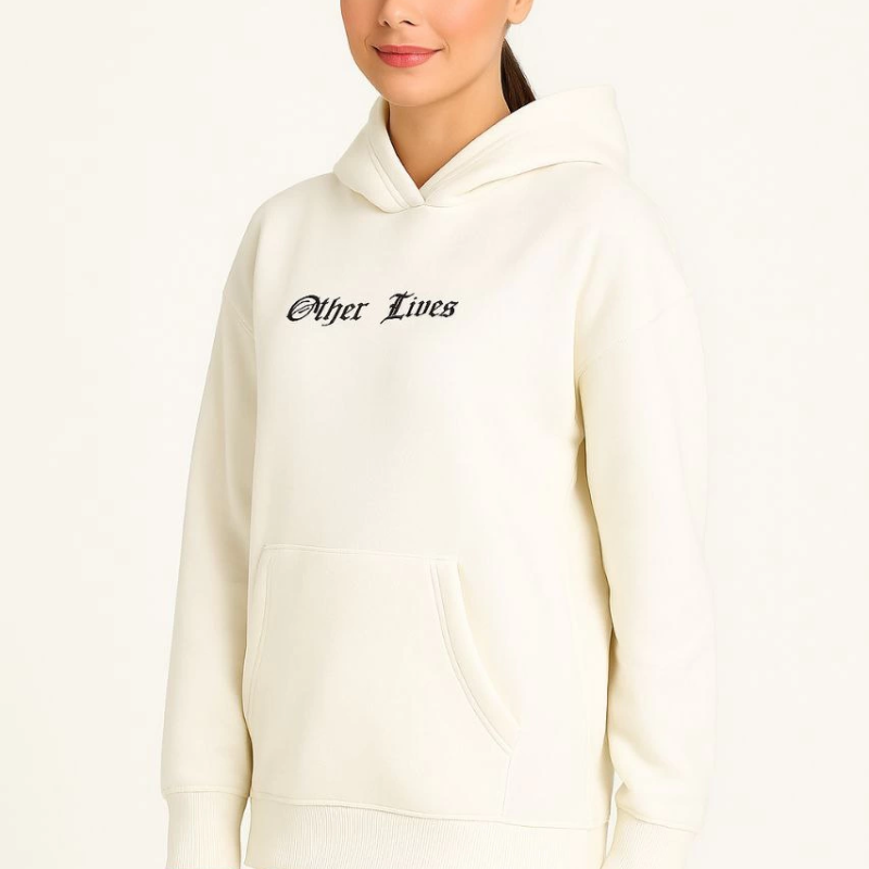 Kapşonlu Sweatshirt – Oversize “Other Lives” Ön  Arka Baskıl Beyaz -