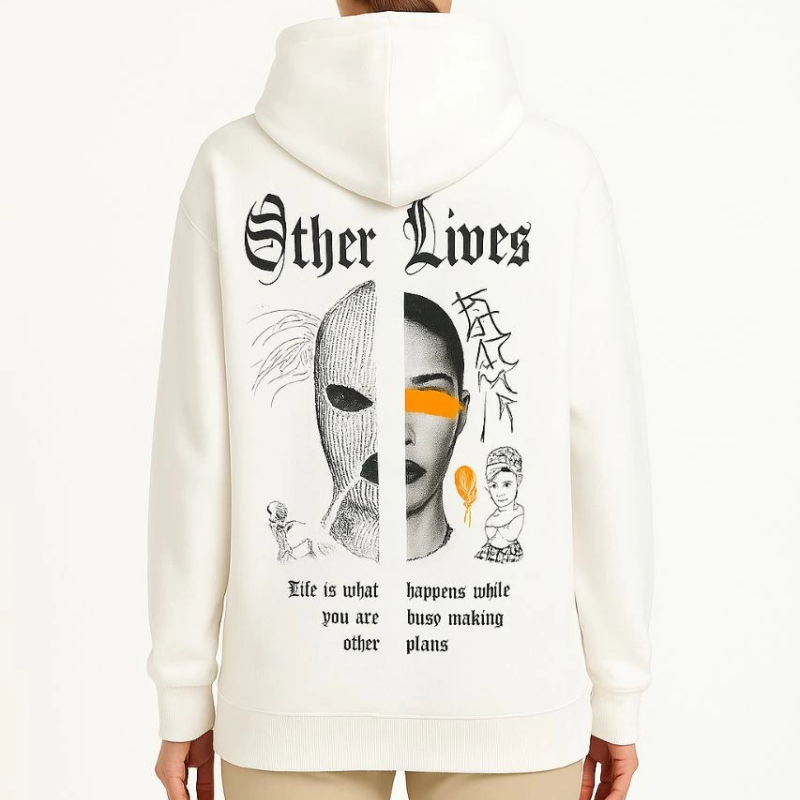 Kapşonlu Sweatshirt – Oversize “Other Lives” Ön  Arka Baskıl Beyaz -