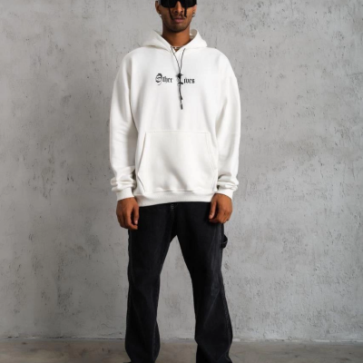 Kapşonlu Sweatshirt – Oversize “Other Lives” Ön  Arka Baskılı- Beyaz -