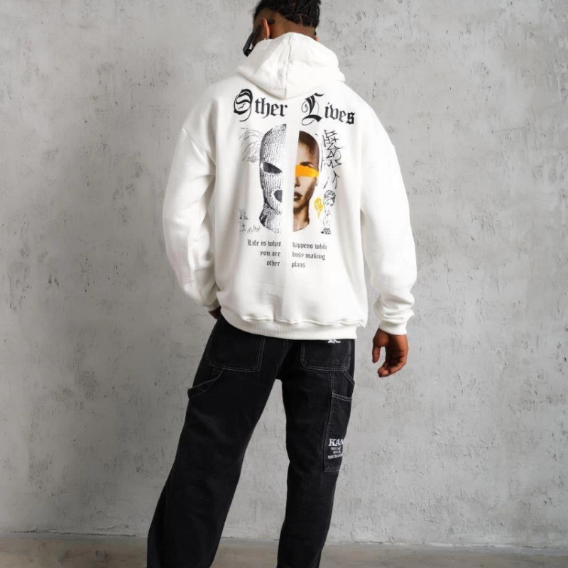 Kapşonlu Sweatshirt – Oversize “Other Lives” Ön  Arka Baskılı- Beyaz -