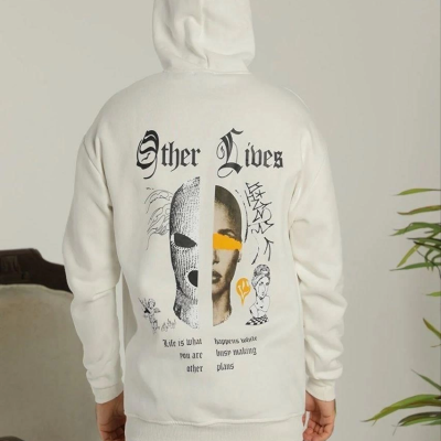 Kapşonlu Sweatshirt – Oversize “Other Lives” Ön  Arka Baskılı- Beyaz -