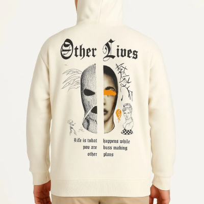 Kapşonlu Sweatshirt – Oversize “Other Lives” Ön  Arka Baskılı- Beyaz -