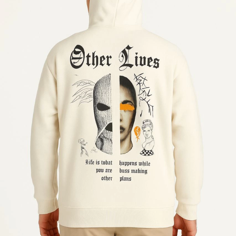 Kapşonlu Sweatshirt – Oversize “Other Lives” Ön  Arka Baskılı- Beyaz -