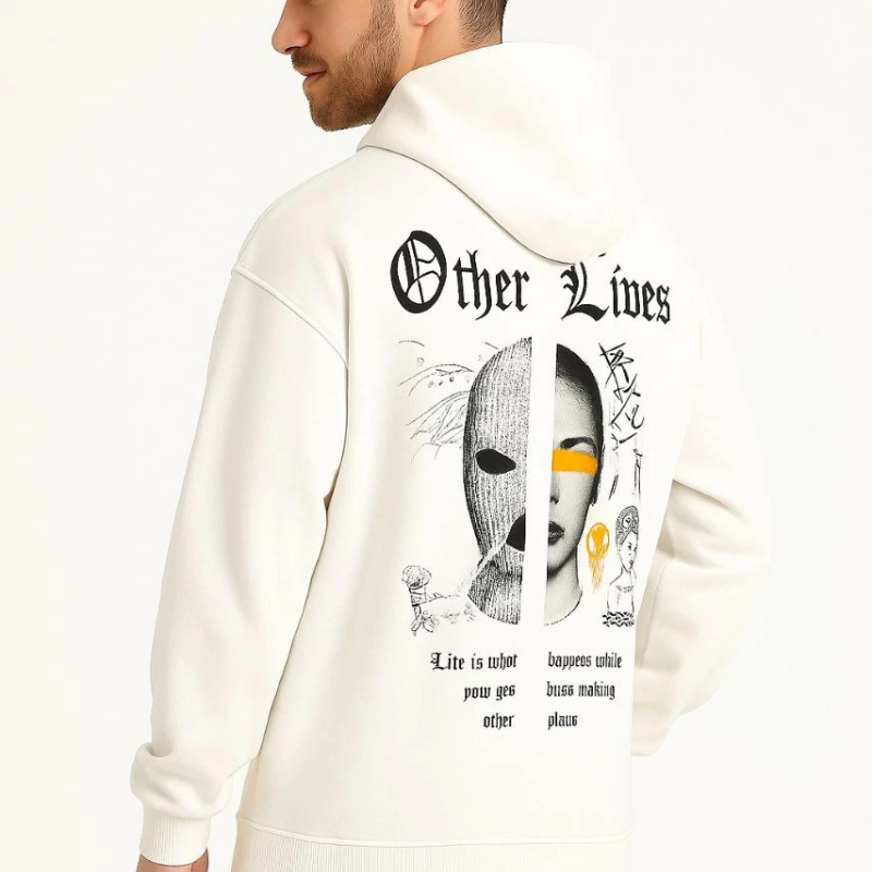 Kapşonlu Sweatshirt – Oversize “Other Lives” Ön  Arka Baskılı- Beyaz -