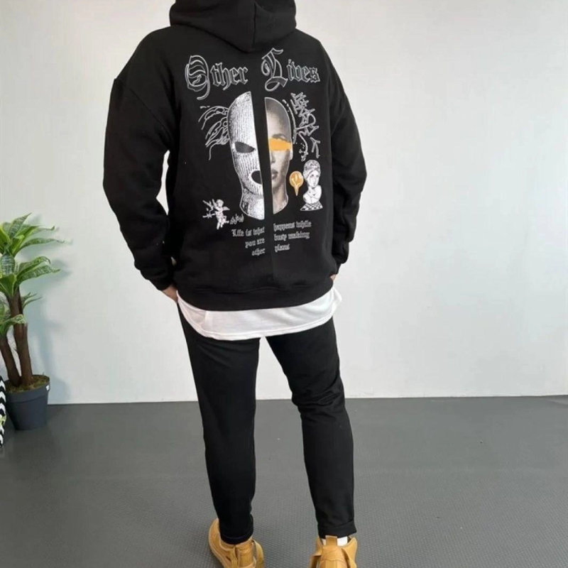 Kapşonlu Sweatshirt – Oversize “Other Lives” Ön  Arka Baskılı,-Siyah -