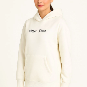 Kapşonlu Sweatshirt – Oversize Üç İplik Şardonlu Hoodie, “Other Lives” Ön  Arka Baskılı, Kanguru Cepli, Kışlık Rahat Günlük Stil - Beyaz -